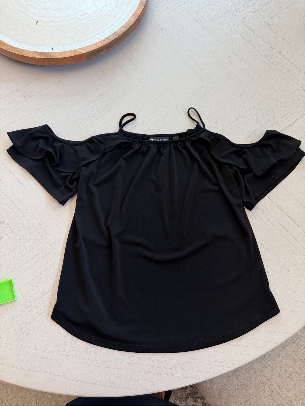 New York & Co cold shoulder black blouse. Size S. Ruffle detail.